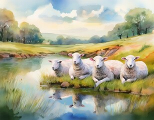 A peaceful watercolor painting of white sheep resting beside still waters, with gentle reflections and soft green pastures stretching into the distance.