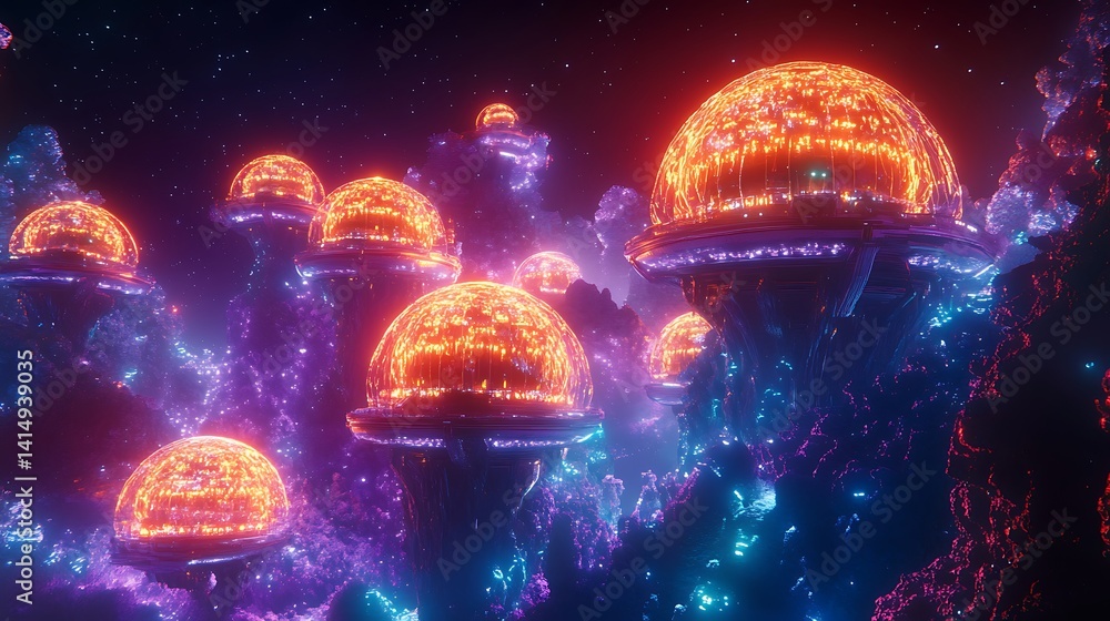 Poster from planet to orbit, a gleaming space elevator ascends, bridging worlds with luminous tech and a da