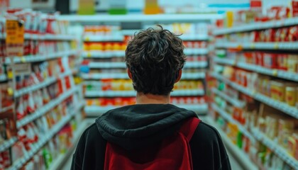 Fototapeta premium Navigating Aisles: Back View of a Shopper in a Well-Stocked Supermarket
