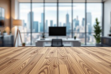 Fototapeta premium Wooden table top in focus with blurred modern office interior and city skyline in background, perfect for product presentation or mockup. Ai generative