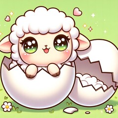 Adorable baby lamb with big sparkling eyes hatching from a cracked egg shell, set against a soft green background with daisies, symbolizing new life and springtime innocence