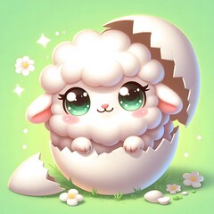 Adorable baby lamb with big sparkling eyes hatching from a cracked egg shell, set against a soft green background with daisies, symbolizing new life and springtime innocence