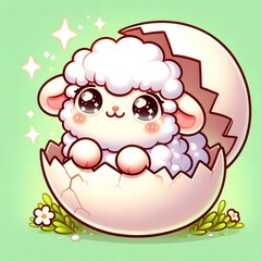 Adorable baby lamb with big sparkling eyes hatching from a cracked egg shell, set against a soft green background with daisies, symbolizing new life and springtime innocence