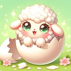 Adorable baby lamb with big sparkling eyes hatching from a cracked egg shell, set against a soft green background with daisies, symbolizing new life and springtime innocence