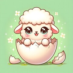 Adorable baby lamb with big sparkling eyes hatching from a cracked egg shell, set against a soft green background with daisies, symbolizing new life and springtime innocence