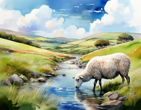 A watercolor shepherd walking gently among his flock, beside still waters under a golden sky &mdash; calm and comforting, like Psalm 23 in picture form.