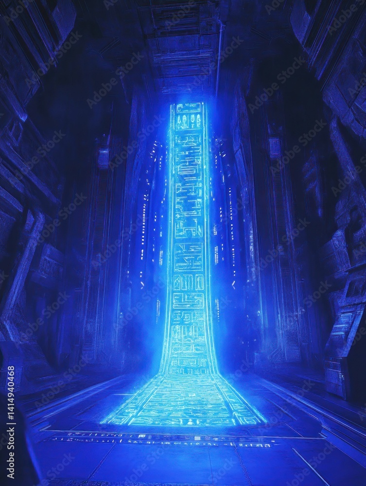 Poster futuristic portal illuminating a subterranean corridor with digital elements