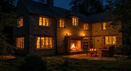 Cozy Stone Cottage Night Glow - A warm, inviting stone cottage at night, illuminated windows, fireplace, books, candles. Symbolizing comfort, home, peace, warmth, and relaxation