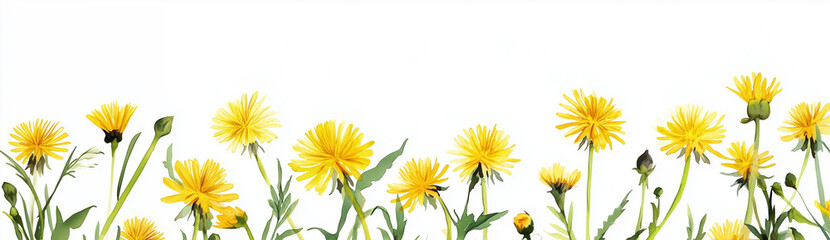 A vibrant array of yellow dandelions stretches across a clean white background. This image captures the beauty and freshness of spring, bringing an uplifting, cheerful feel to any design.