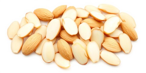 Blanched almond slices, neatly arranged on a pure white background Clipping paths included, vegan, food