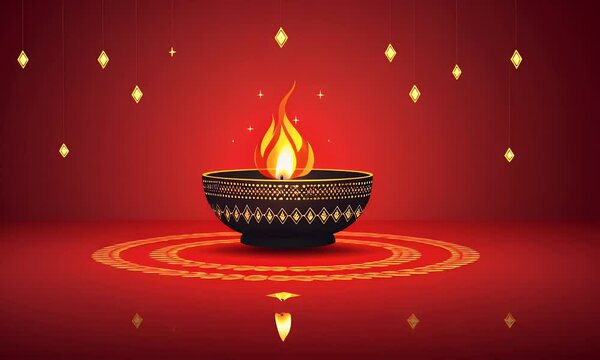 Illuminated diya with intricate design, encircled by golden patterns on red background.