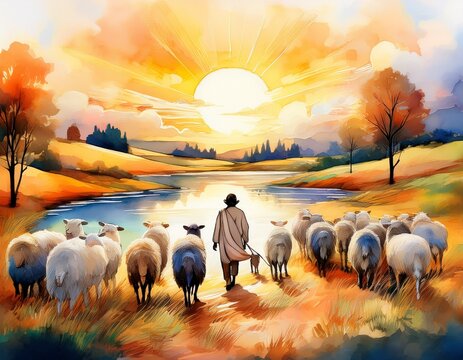 A distant watercolor landscape of sheep scattered across sun-kissed hills, with a shimmering stream curving through soft fields of emerald and sage.