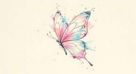 Watercolor Butterfly Illustration with Pastel Colors and Splatter Effects