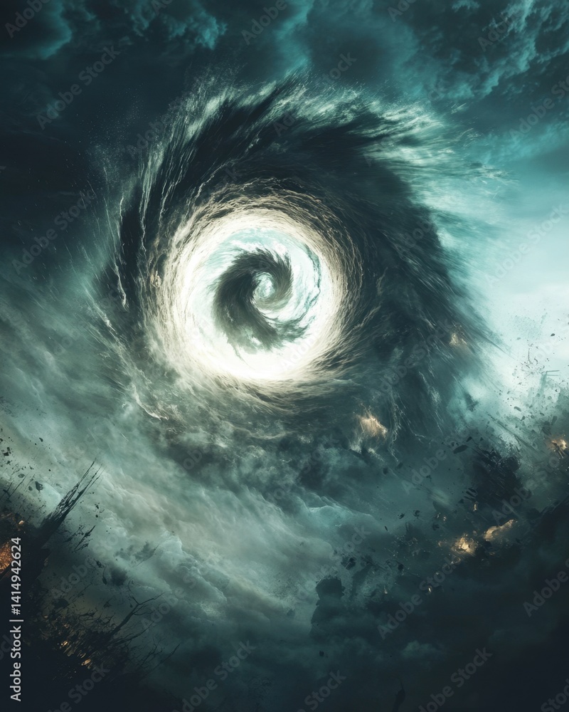 Poster dramatic vortex of swirling clouds and light creating a powerful celestial phenomenon in a dark sky 