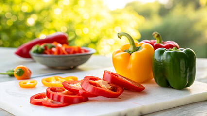Capsicums and Capsicum slice on white board in Garden Bright Natural Background
