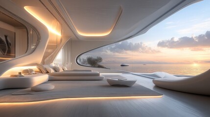 Fototapeta premium Futuristic Seascape Bedroom: An Architectural Masterpiece