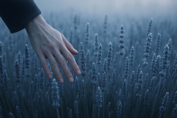 Hands in the lavender field cold atmosphere