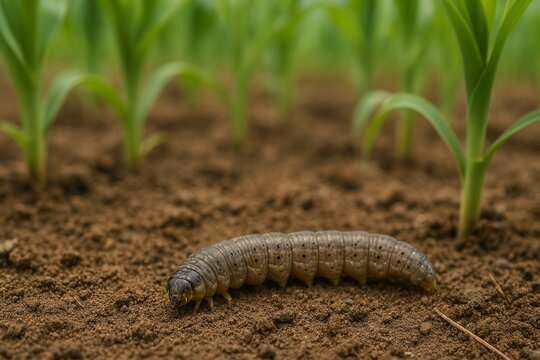 Black cutworm caterpillar (Agrotis ipsilon) on soil in corn field