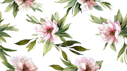 Captivating Watercolor Floral Pattern Featuring Soft Pink Peonie Flowers and Gentle Green Leaves For A Delightful Aesthetic