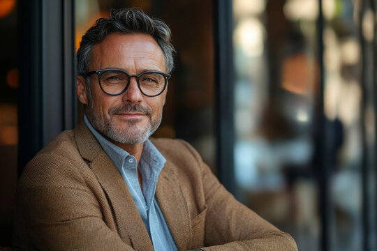 Happy middle aged business man executive using mobile phone sitting outside office. Stylish older busy businessman investor wearing glasses holding smartphone looking away at copy space with