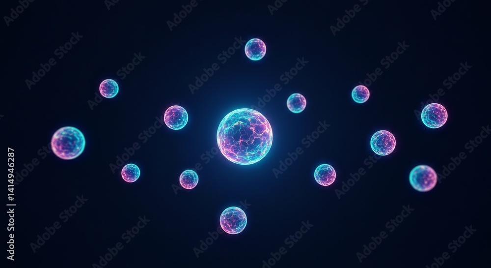 Poster glowing orbs in dark space - abstract of glowing pink and blue orbs floating in dark space, creating