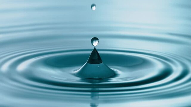 Closeup of water drops in slow motion. Droplets dripping with fascinating detail and making ripples on the blue liquid surface.
