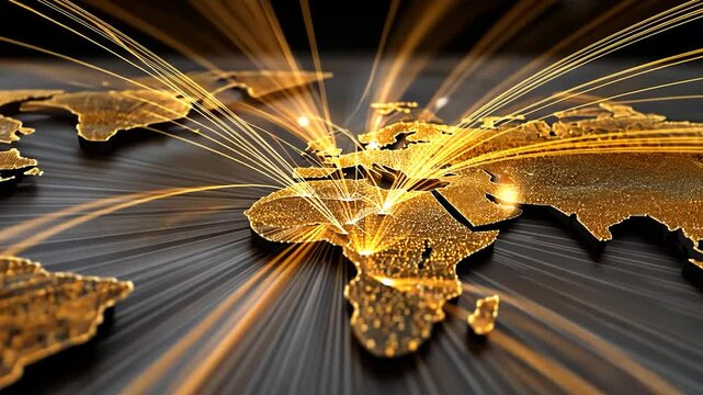 Global network. Shiny, glowing routes across a gold detailed map