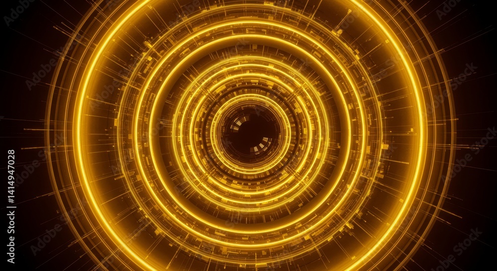 Poster golden circular abstract background - abstract of concentric golden circles creating a glowing tunne