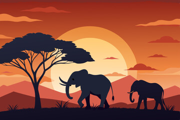 Fototapeta premium elephants at sunset