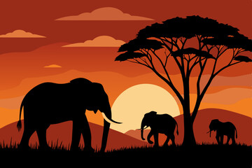 Fototapeta premium elephants on sunset background