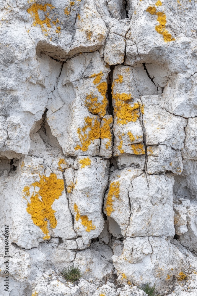 Poster textured limestone rock face with vibrant yellow lichen creating a natural abstract pattern geologic