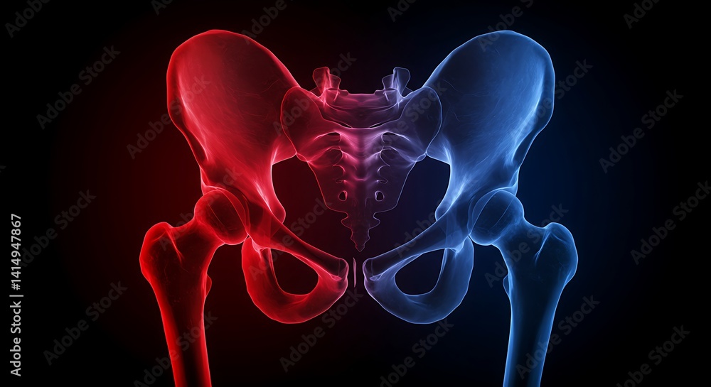 Poster pelvic bone structure visualized with color contrast for anatomical representation
