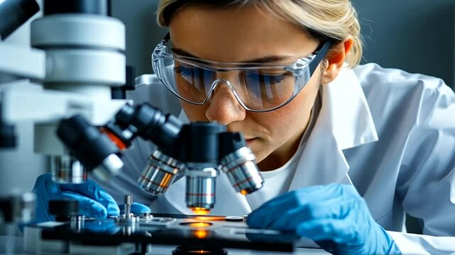 Scientist examines slide with microscope in lab, advanced equipment background