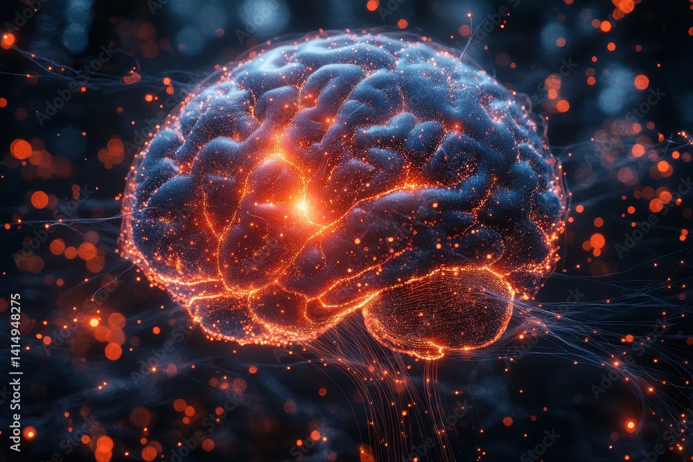 Poster digital representation of a brain with glowing neural connections in a dark environment showcasing c