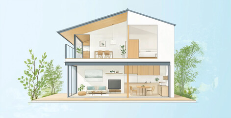 現代的な二階建て住宅の断面図