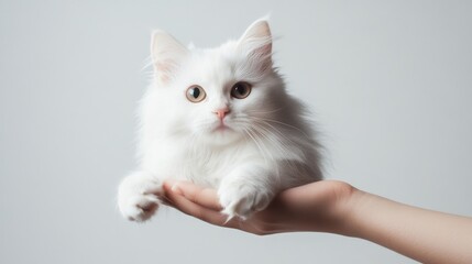 A Cat in human hands on a white background
