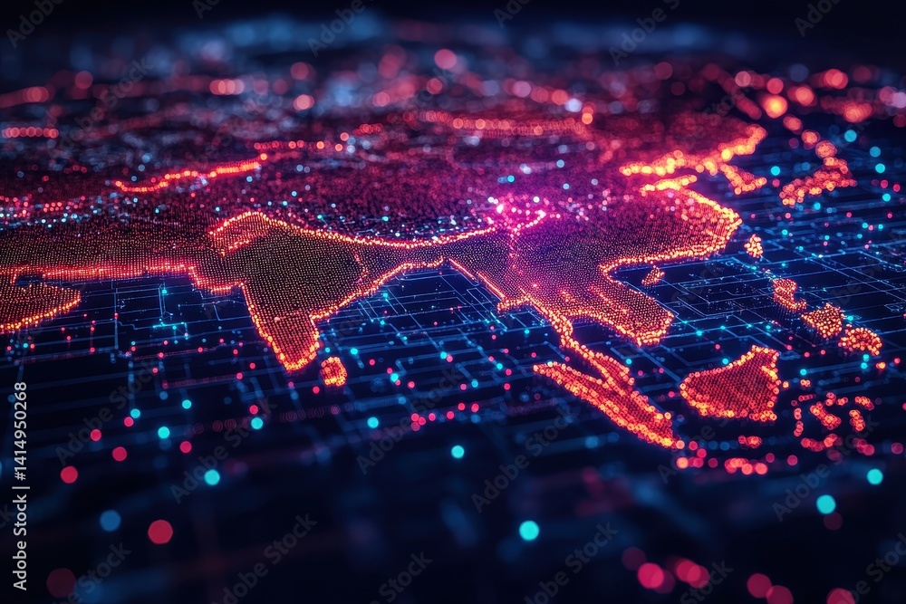 Poster digital representation of asia and europe with vibrant data visualization and glowing connections at
