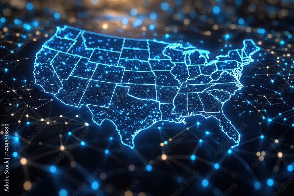 Poster digital map of the united states showcasing a network of connections and data points in a contempora
