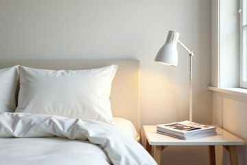 Serene Bedroom Interior Featuring Crisp White Bedding and a Softly Lit Desk Lamp