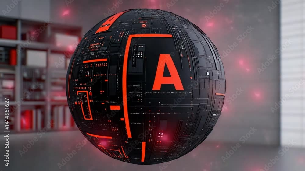 Poster futuristic 3d orb with circuit patterns and glowing red accents in a modern interior space
