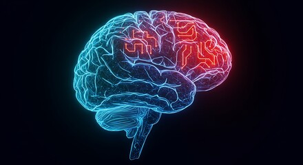 Artificial intelligence neural network digital brain with glowing circuit pathways