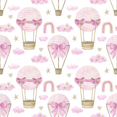 Watercolor kids seamless pattern with hot air balloon,  clouds, stars. Hand drawn cute  illustration on white background