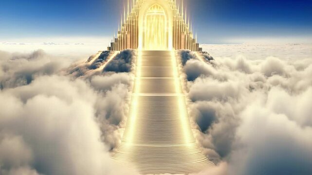 Majestic glowing pathway ascends through soft clouds toward towering golden gates under a brilliant blue sky, evoking divine serenity and awe Concept of spiritual ascension and celestial symbolism