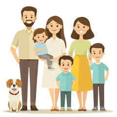 Fototapeta premium A cheerful family portrait featuring a mother, father, three children, and a dog, set against a white background.