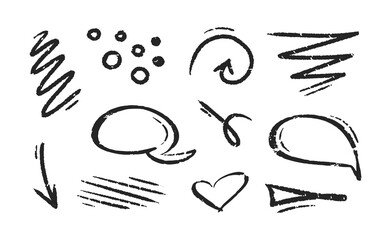 Chalk hand drawn black arrow, marker lines, underlines. Crayon brush scribbles, heart, speech bubble, grunge texture, zig zag by marker or pencil. Doodle vector sketch elements.