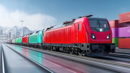 Fototapeta premium A vibrant train with colorful carriages travels along a rail line, surrounded by containers and mountains under a clear blue sky, sustainable futurism