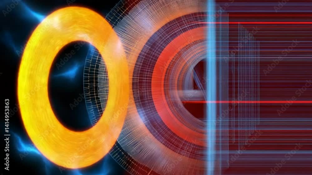 Aufkleber abstract composition of vibrant orange circular shape and blue geometric lines creating dynamic visu