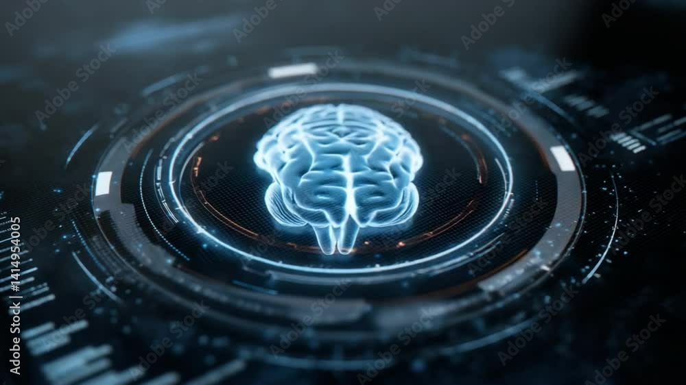 Poster digital brain interface: a captivating, glowing digital representation of a brain, encased within an