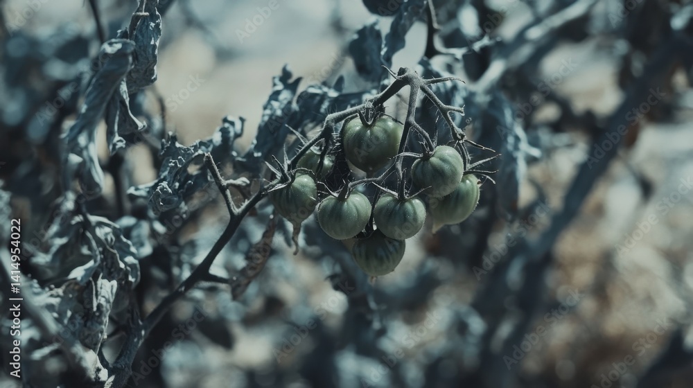 Poster unripe tomatoes on vine in garden with dried leaves and stems in soft light and shallow depth of fie