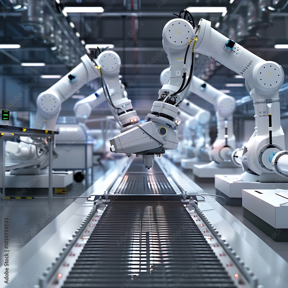 Poster multiple white robotic arms working efficiently over a conveyor belt on a modern factory assembly li